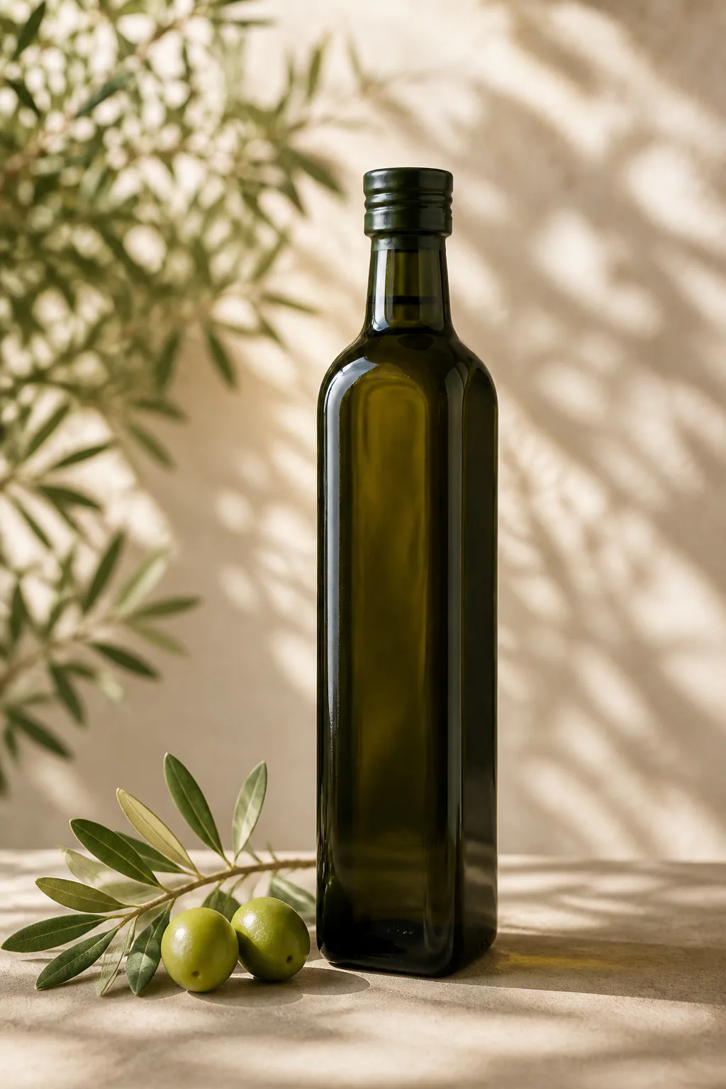Botella de aceite de oliva extra virgen con aceitunas