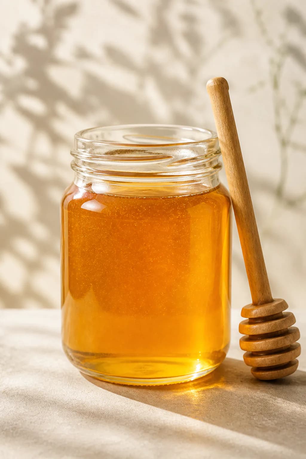 Frasco de miel natural con cuchara de madera